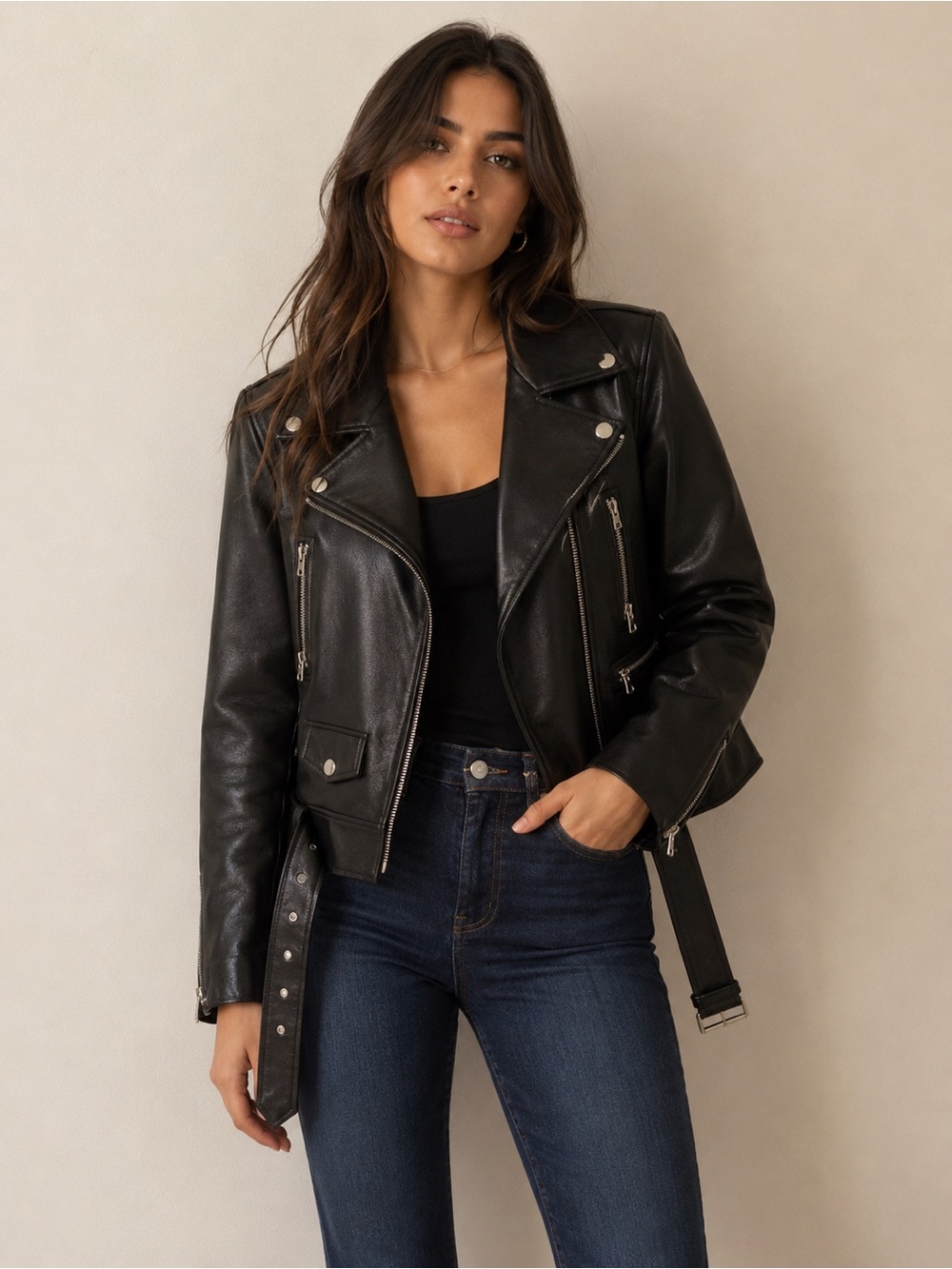 NOIZE Eva Black Faux Leather Moto Biker Jacket
